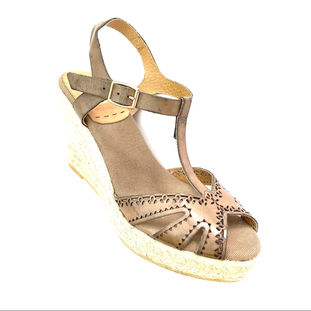 Kanna Taupe Peep Toe T-Strap Wedge Sandal Heels